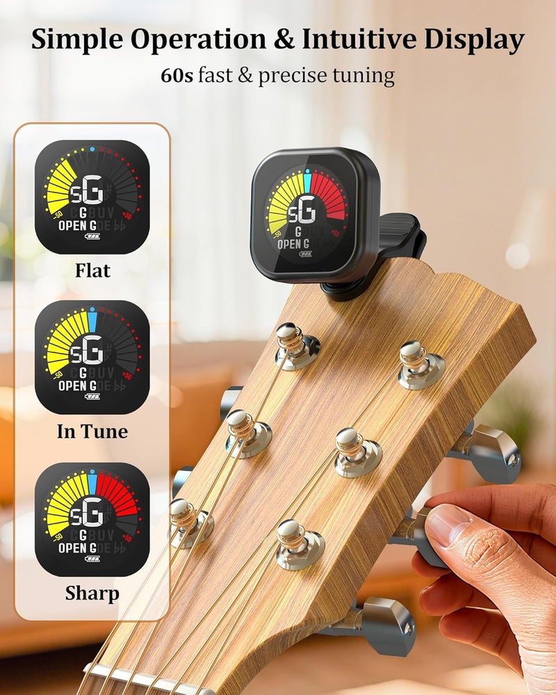 NewBee Guitar Tuner Clip-On Rechargeable with Color Screen 360° Rotatable Acoustic Chromatic Open Tuning for Guitar, Bass, Ukulele, Violin, Cello(Black, 1 Pack) - Image 4